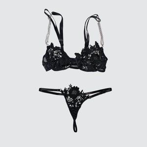 [NWOT] Flower Lace Applique Chain Strap Mesh Lingerie Set